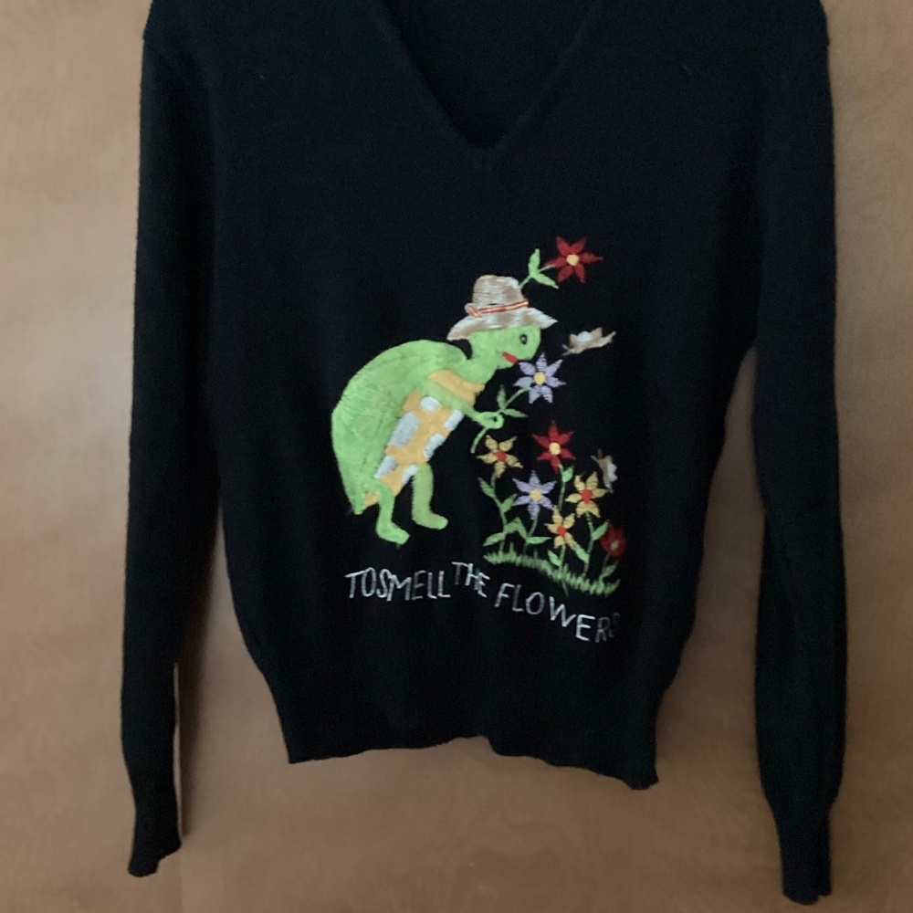 Vtg  Le Moda V-Neck Graphic Sweater Embroidered Turtle Sz Medium Acrylic